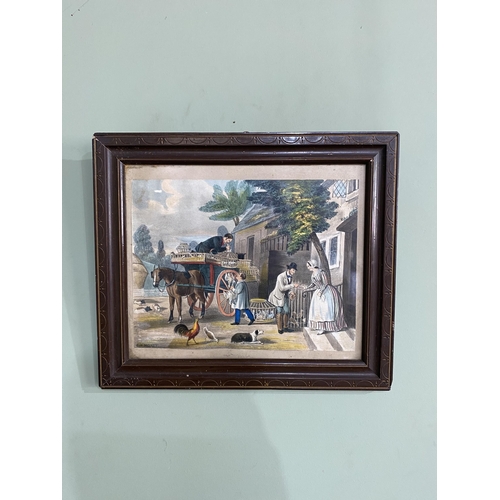 1181 - Early 20th C. Market Scene coloured print mounted in mahogany frame {31 cm H x 36 cm W}.