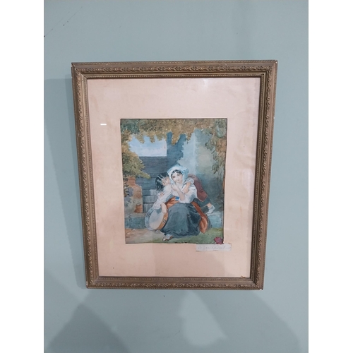 1187 - Early 20th C. watercolour of Boy and Girl mounted in giltwood frame and French wax seal {52 cm H x 3... 