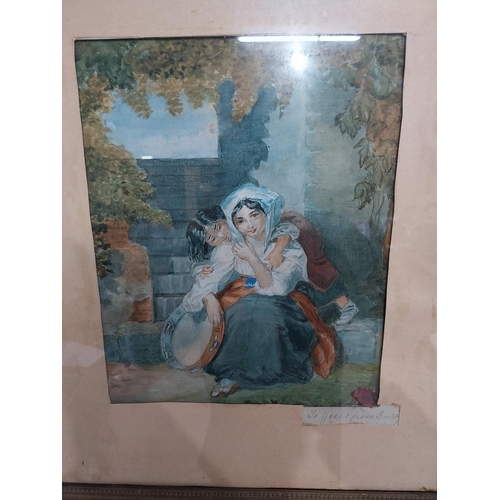 1187 - Early 20th C. watercolour of Boy and Girl mounted in giltwood frame and French wax seal {52 cm H x 3... 