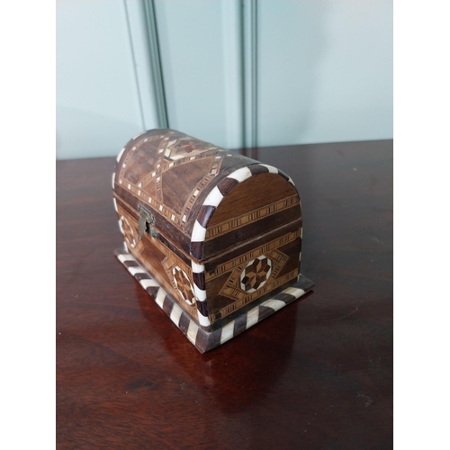 1194 - Early 20th C. specimen wood and bone inlaid dome top jewellery box {8 cm H x 11 cm W x 8 cm D}.