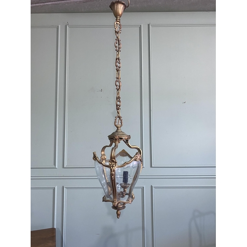 1196 - Good quality early 20th C. French gilded brass hall lantern with original chain and gallery {Drop 10... 