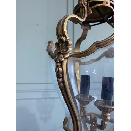 1196 - Good quality early 20th C. French gilded brass hall lantern with original chain and gallery {Drop 10... 