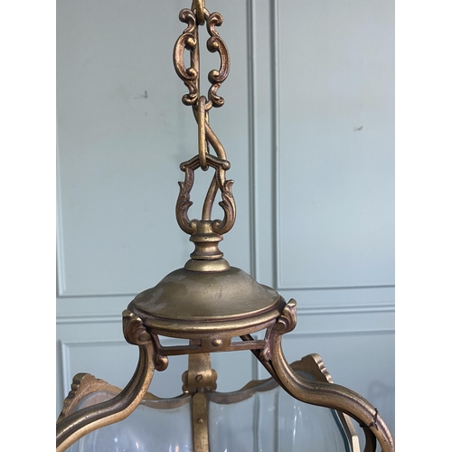 1196 - Good quality early 20th C. French gilded brass hall lantern with original chain and gallery {Drop 10... 