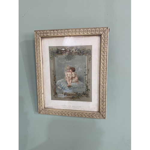 1199 - Early 20th C. Under Mistletoe coloured print mounted in painted gesso frame {36 cm H x 29 cm W}.