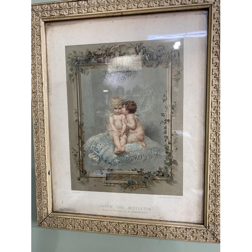 1199 - Early 20th C. Under Mistletoe coloured print mounted in painted gesso frame {36 cm H x 29 cm W}.