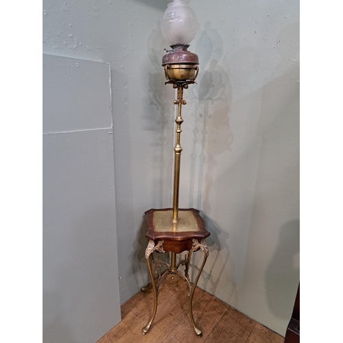 1207 - Brass standard oil lamp with frosted glass shade mounted on mahogany lamp table  {H 186cm x W 36cm x... 