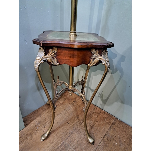 1207 - Brass standard oil lamp with frosted glass shade mounted on mahogany lamp table  {H 186cm x W 36cm x... 