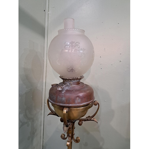 1207 - Brass standard oil lamp with frosted glass shade mounted on mahogany lamp table  {H 186cm x W 36cm x... 