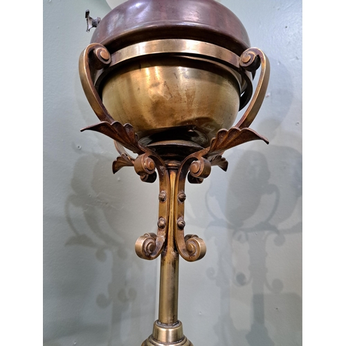 1207 - Brass standard oil lamp with frosted glass shade mounted on mahogany lamp table  {H 186cm x W 36cm x... 