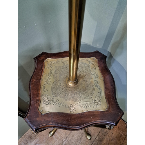 1207 - Brass standard oil lamp with frosted glass shade mounted on mahogany lamp table  {H 186cm x W 36cm x... 