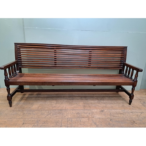 1211 - Mahogany hall bench slated seat and back raised on turned legs  {H 98cm x W 205cm x D 57cm }. - NOT ... 