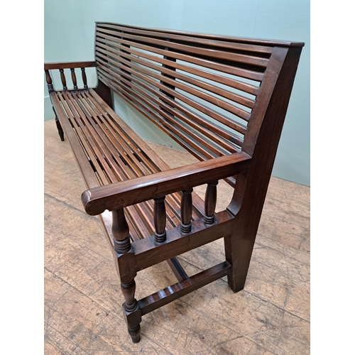 1211 - Mahogany hall bench slated seat and back raised on turned legs  {H 98cm x W 205cm x D 57cm }. - NOT ... 