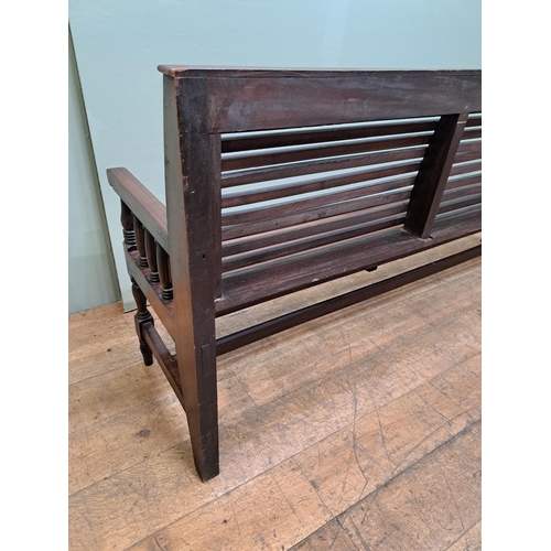 1211 - Mahogany hall bench slated seat and back raised on turned legs  {H 98cm x W 205cm x D 57cm }. - NOT ... 