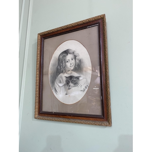 1214 - 19th C. A. Kelly -  Girl and Kitten pencil drawing mounted in giltwood and walnut frame {67 cm H x 5... 