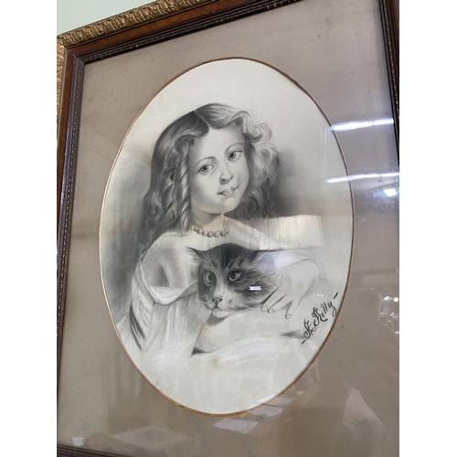 1214 - 19th C. A. Kelly -  Girl and Kitten pencil drawing mounted in giltwood and walnut frame {67 cm H x 5... 