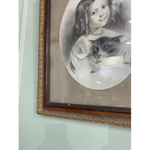 1214 - 19th C. A. Kelly -  Girl and Kitten pencil drawing mounted in giltwood and walnut frame {67 cm H x 5... 