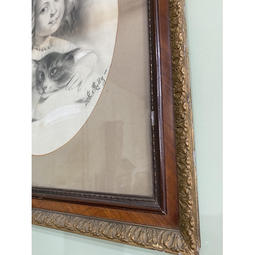 1214 - 19th C. A. Kelly -  Girl and Kitten pencil drawing mounted in giltwood and walnut frame {67 cm H x 5... 