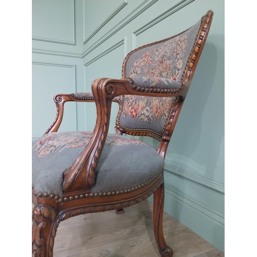 122 - Good quality 19th C. French walnut open armchair with tapestry upholstered seat on cabriole legs. {9... 