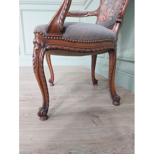 122 - Good quality 19th C. French walnut open armchair with tapestry upholstered seat on cabriole legs. {9... 