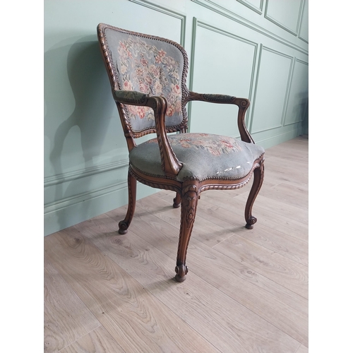 122 - Good quality 19th C. French walnut open armchair with tapestry upholstered seat on cabriole legs. {9... 