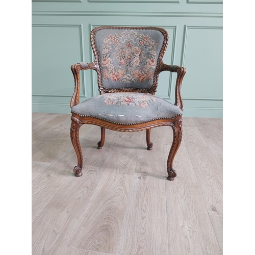 122 - Good quality 19th C. French walnut open armchair with tapestry upholstered seat on cabriole legs. {9... 