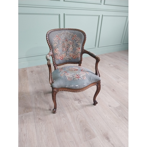 122 - Good quality 19th C. French walnut open armchair with tapestry upholstered seat on cabriole legs. {9... 