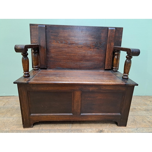 1223 - Oak monks bench  {H 97cm x W 107cm x D 50cm }. - NOT AVAILABLE TO VIEW IN PERSON