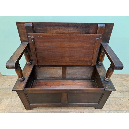 1223 - Oak monks bench  {H 97cm x W 107cm x D 50cm }. - NOT AVAILABLE TO VIEW IN PERSON