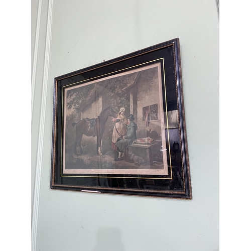 1230 - 19th C. The Country Butcher coloured print mounted in gilt and ebonised frame {60 cm H x 69 cm W}.