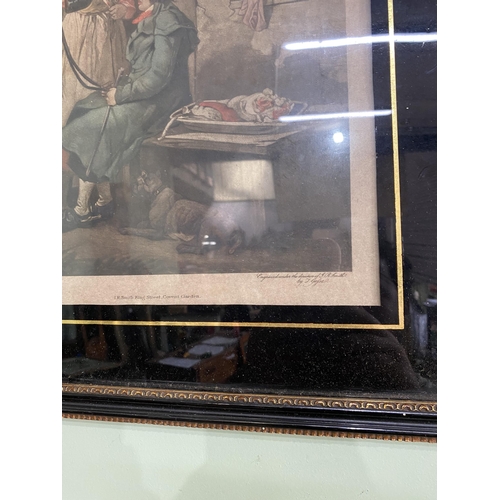 1230 - 19th C. The Country Butcher coloured print mounted in gilt and ebonised frame {60 cm H x 69 cm W}.