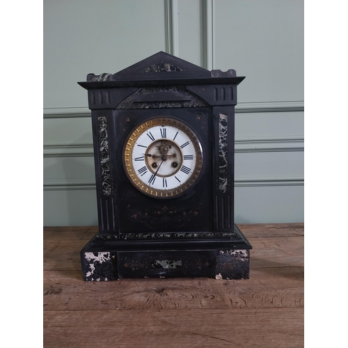 1235 - 19th C. marbleised slate mantle clock with brass and enamel dial {48 cm H x 37 cm W x 17 cm D}.