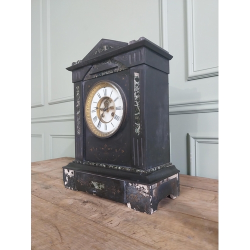 1235 - 19th C. marbleised slate mantle clock with brass and enamel dial {48 cm H x 37 cm W x 17 cm D}.