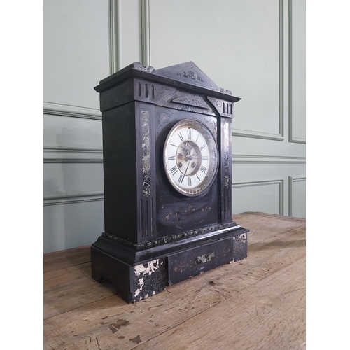 1235 - 19th C. marbleised slate mantle clock with brass and enamel dial {48 cm H x 37 cm W x 17 cm D}.