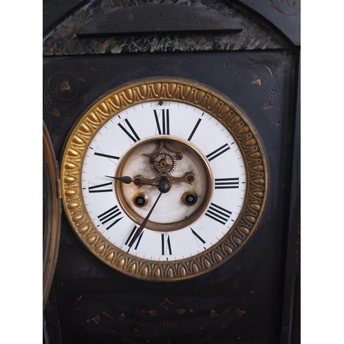 1235 - 19th C. marbleised slate mantle clock with brass and enamel dial {48 cm H x 37 cm W x 17 cm D}.