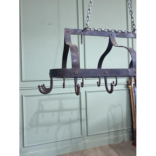 1236 - Good quality French wrought iron pot rack {40 cm H x 80 cm W x 50 cm D}.