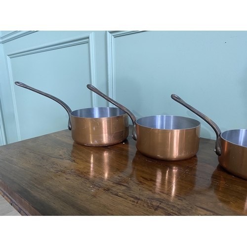 1237 - Set of five good quality copper saucepans with wrought iron handles {Largest 18 cm H x 37 cm W x 18 ... 