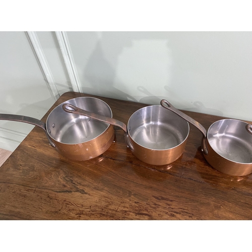 1237 - Set of five good quality copper saucepans with wrought iron handles {Largest 18 cm H x 37 cm W x 18 ... 