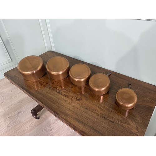 1237 - Set of five good quality copper saucepans with wrought iron handles {Largest 18 cm H x 37 cm W x 18 ... 