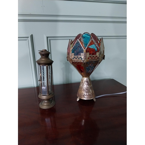 1238 - Unusual Middle Eastern embossed metal table lamp with coloured glass panels and brass table lantern ... 