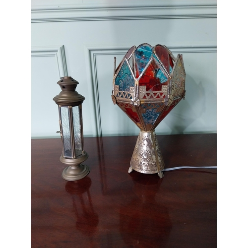 1238 - Unusual Middle Eastern embossed metal table lamp with coloured glass panels and brass table lantern ... 