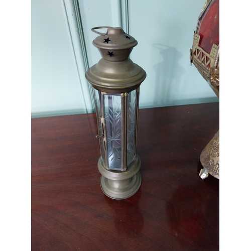 1238 - Unusual Middle Eastern embossed metal table lamp with coloured glass panels and brass table lantern ... 