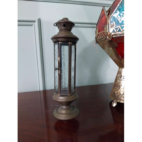 1238 - Unusual Middle Eastern embossed metal table lamp with coloured glass panels and brass table lantern ... 