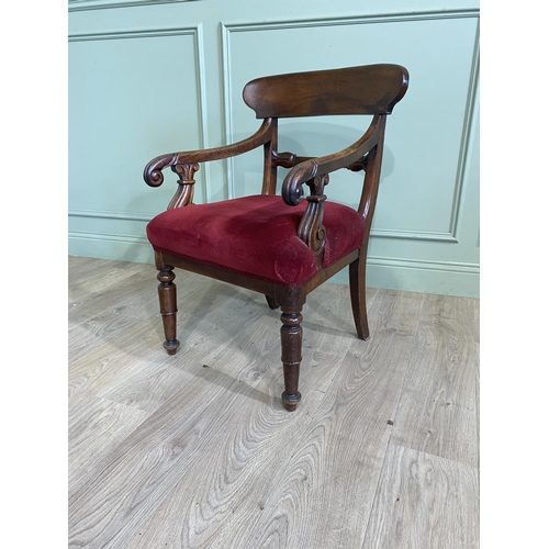 1256 - William IV mahogany open armchair with crushed velvet upholstered seat raised on turned legs {85 cm ... 