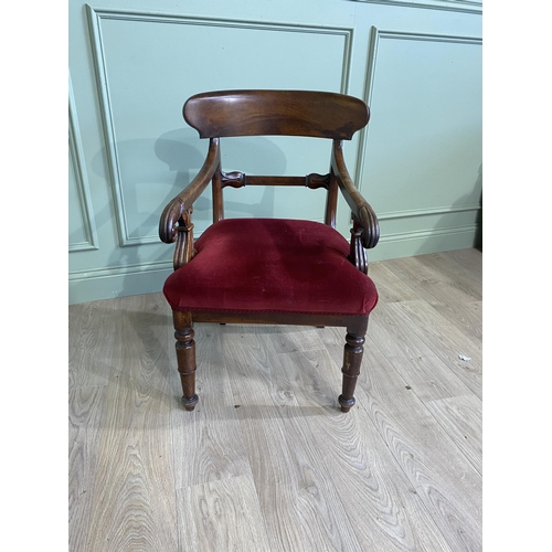 1256 - William IV mahogany open armchair with crushed velvet upholstered seat raised on turned legs {85 cm ... 