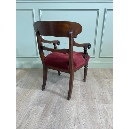 1256 - William IV mahogany open armchair with crushed velvet upholstered seat raised on turned legs {85 cm ... 