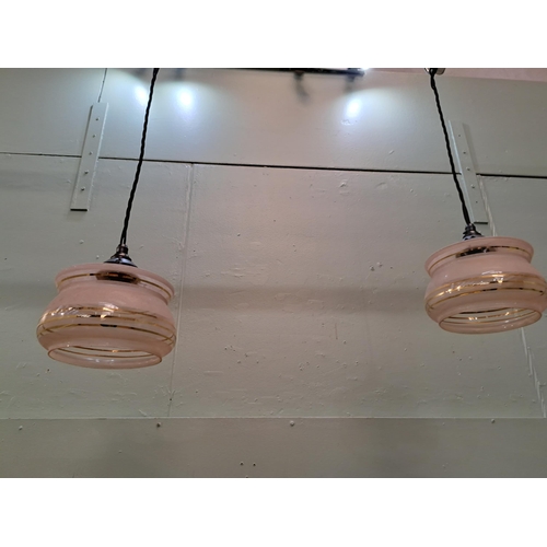 1263 - Pair of Art Deco bronze pendant hanging lights with frosted glass shades  {H 60cm x Dia 18cm }. - NO... 