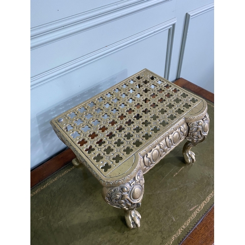 1265 - Decorative brass trivet raised on ball and claw feet {28 cm H x 45 cm W x 37 cm D}.