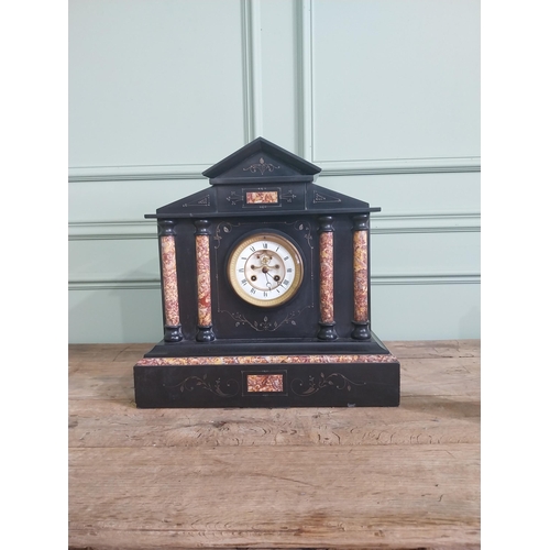 1266 - 19th C. marbleised slate mantle clock with brass and enamel dial {40 cm H x 40 cm W x 16 cm D}.