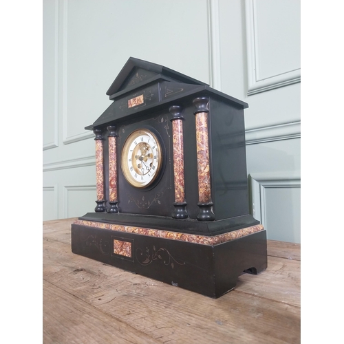 1266 - 19th C. marbleised slate mantle clock with brass and enamel dial {40 cm H x 40 cm W x 16 cm D}.