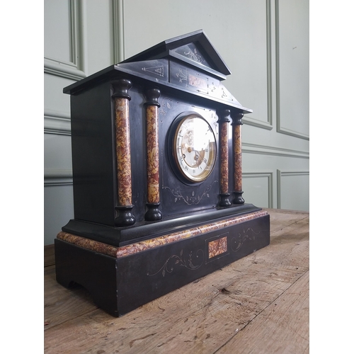 1266 - 19th C. marbleised slate mantle clock with brass and enamel dial {40 cm H x 40 cm W x 16 cm D}.